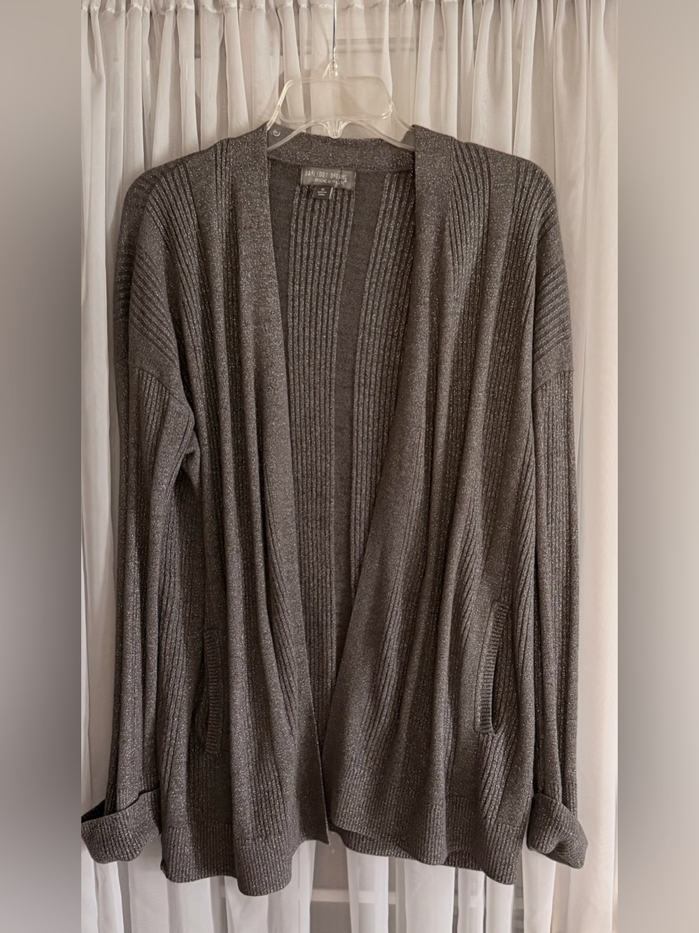 Barefoot Dreams Metallic Ribbed Open-Front Cardigan - Charcoal Medium